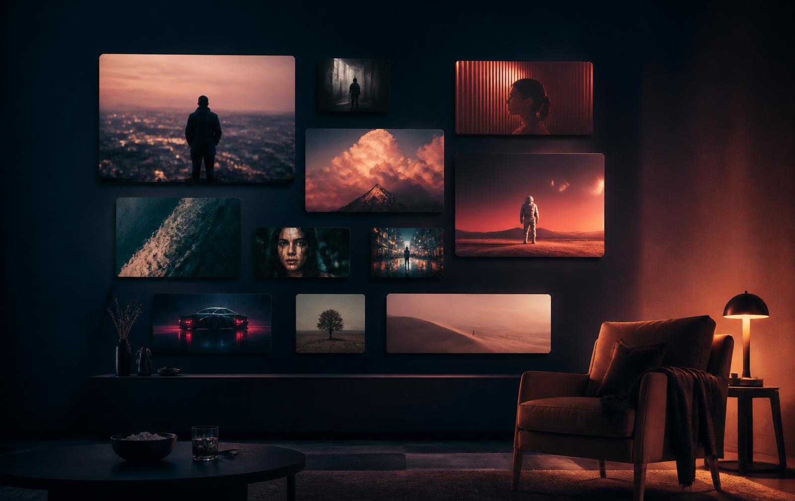 Privé mediabibliotheek met video's en foto's op een donkere wand